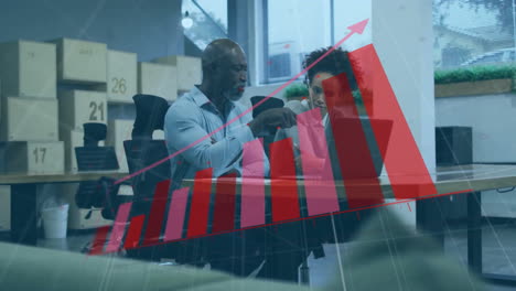 animation of financial data processing over diverse business people in office
