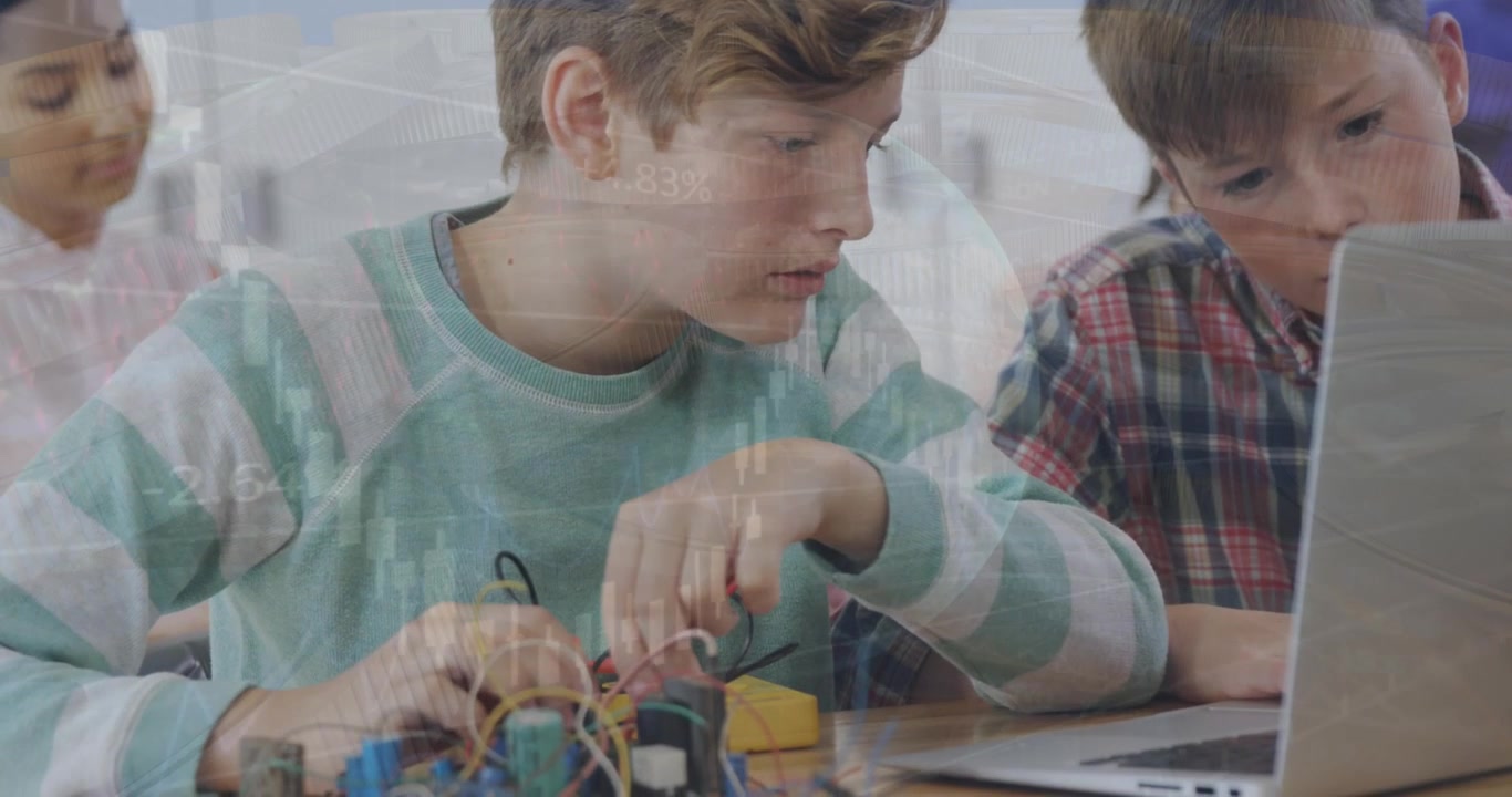 Animation of caucasian students studying in classroom using laptop over globe and graph