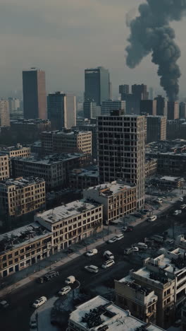 post-apocalyptic cityscape with smoke and destruction