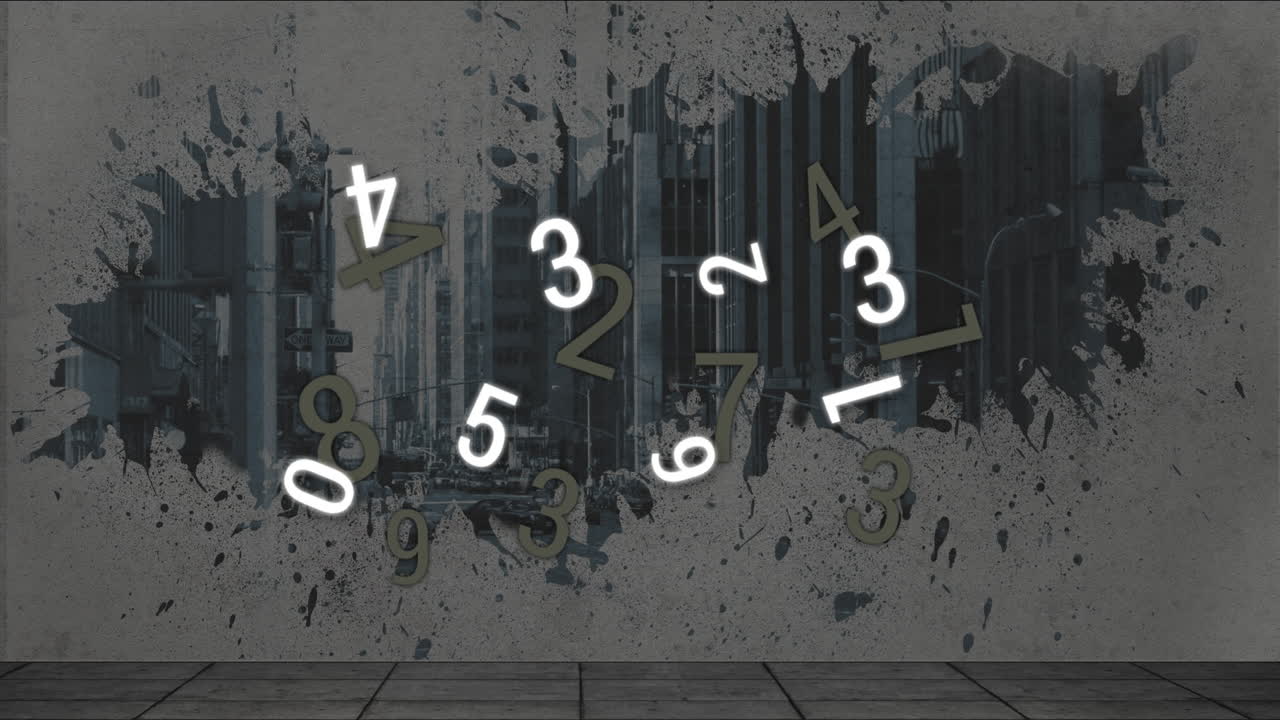 Animation of floating numbers over urban cityscape with grunge texture design