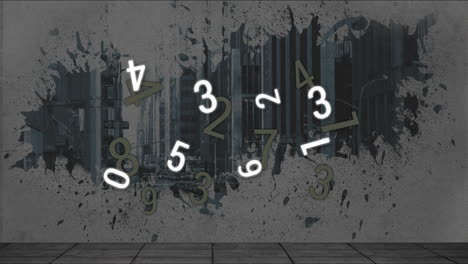 animation of floating numbers over urban cityscape with grunge texture design