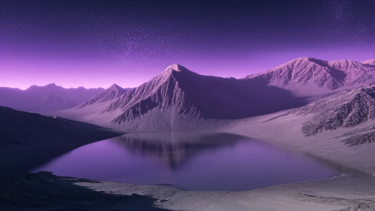 Surreal Alien Landscape: Mountains and Lake under a Purple Starry Sky