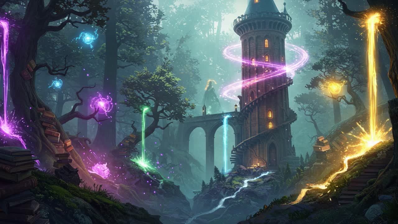 A Mysterious Tower in an Enchanted Forest Surrounded by Magical Lights and Spellbinding Colors Captivating the Enchantment of Nature’s Beauty