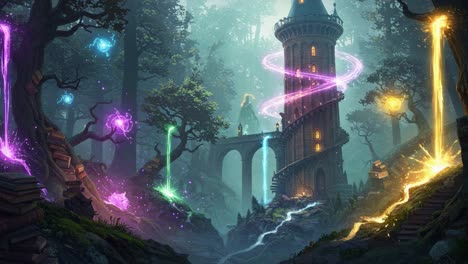 a mysterious tower in an enchanted forest surrounded by magical lights and spellbinding colors captivating the enchantment of nature’s beauty