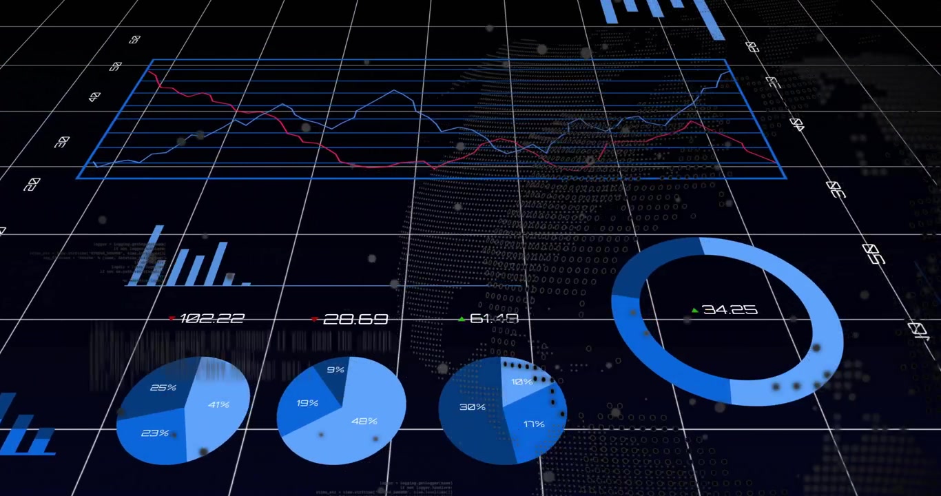 Opening grid starting pie charts emerging, bars shifting, graphs tracing trends to visualize data