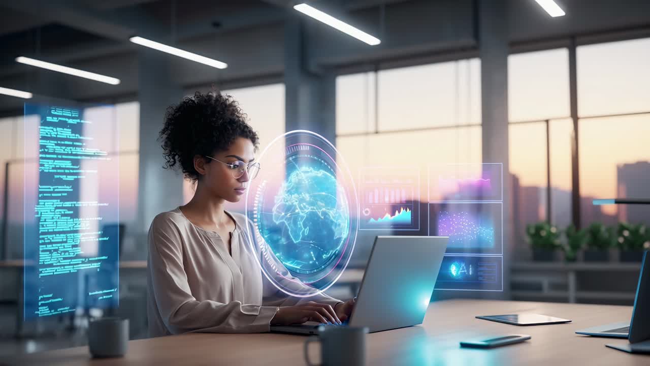 Side angle video of a woman at a desk, interacting with futuristic holographic screens