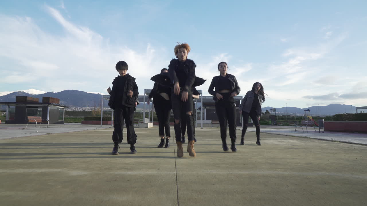 Young STREET PERFORMER performing on the street. Seven chinese teenagers dancing kpop