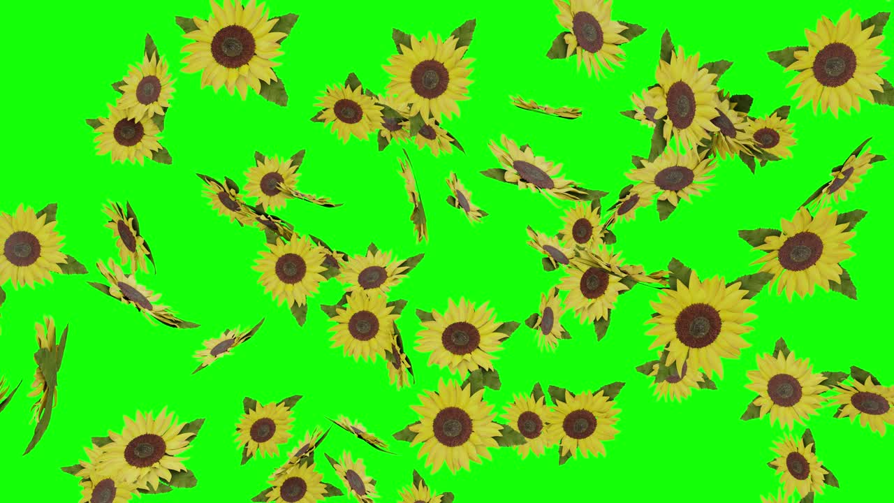 Sunflowers falling on Green Screen With Alpha Matte