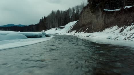 flight skimming over winter river and frozen banks