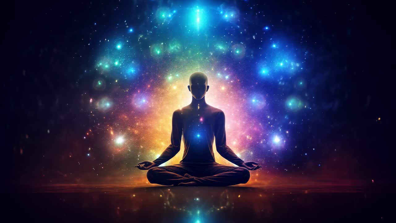 Silhouette meditating amidst vibrant, cosmic lights. Low-angle view creates a mystical atmosphere