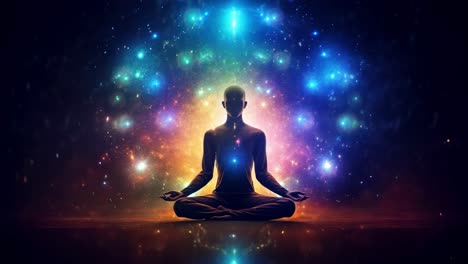 silhouette meditating amidst vibrant, cosmic lights. low-angle view creates a mystical atmosphere