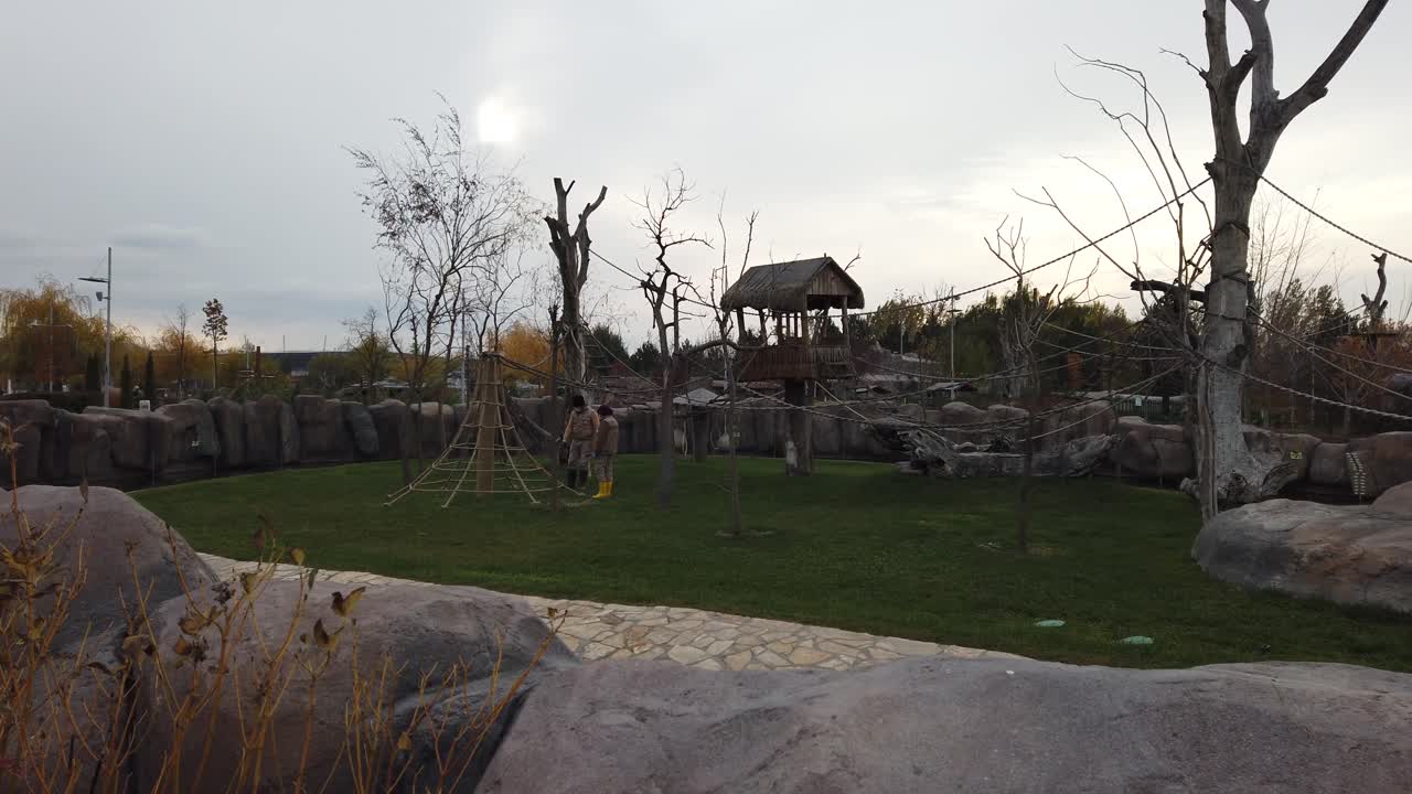 два работника зоопарка ремонтируют зоопарк