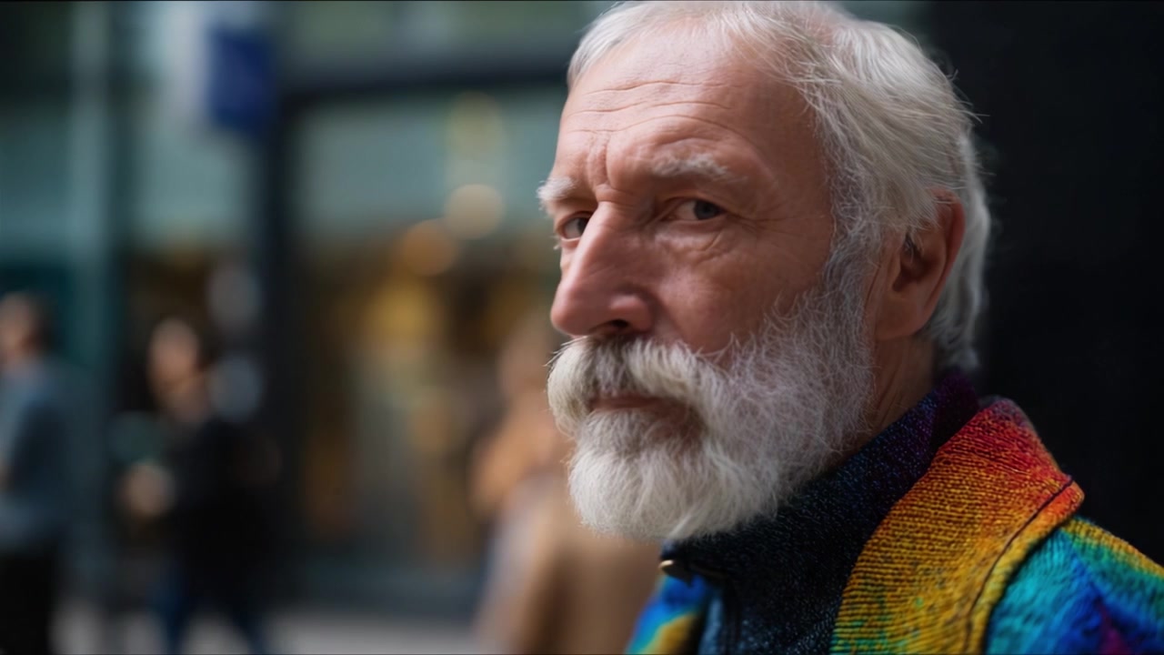 Profilo di un uomo anziano con una vivace sciarpa arcobaleno, che cattura la sua espressione pensierosa su uno sfondo urbano vivace, mostrando età e saggezza.