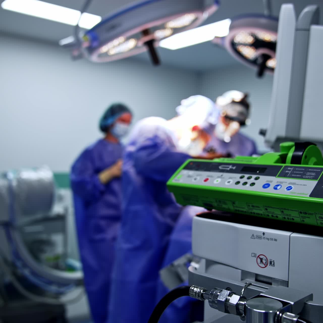 Machine for medicine infusion in modern surgery room. Innovative medical equipment in operational room. Group of surgeons work at backdrop in blur