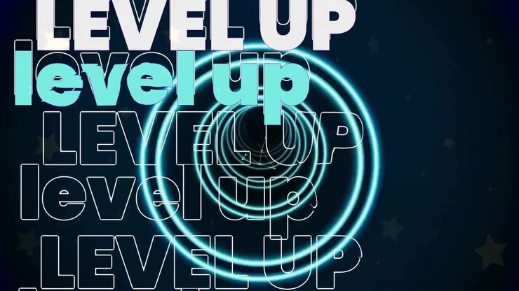 Ved start pulserer, udvider og trækker neonlysringe sig sammen, før glitch-striber og pulserende 'LEVEL UP'-tekst.