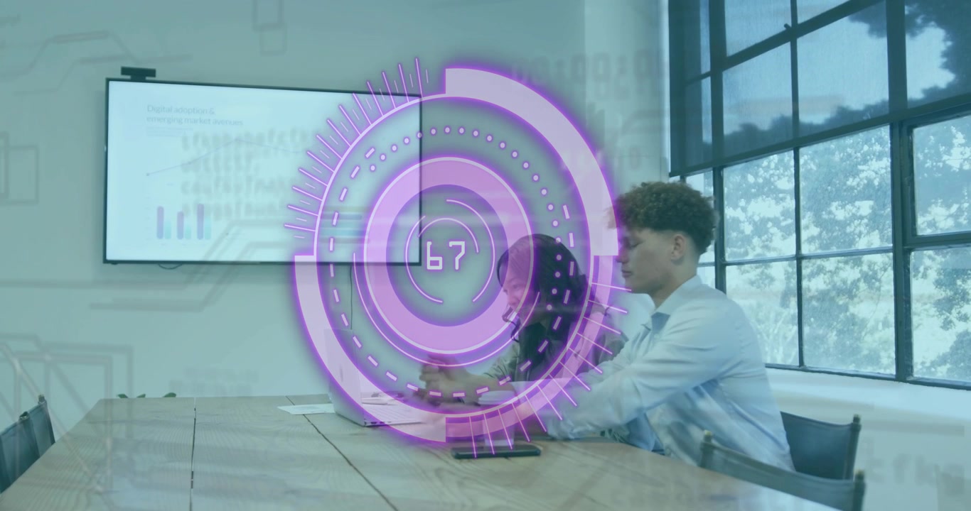 team gesturing at screen and scrolling data animating bar charts for business meeting