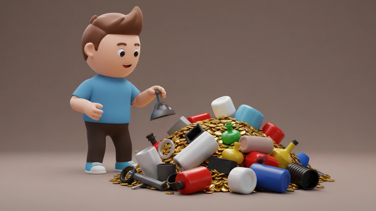 A Young Character Engages with a Pile of Colorful Trash, Uncovering Hidden Treasures Amongst the Vibrant Environment of Waste and Collection