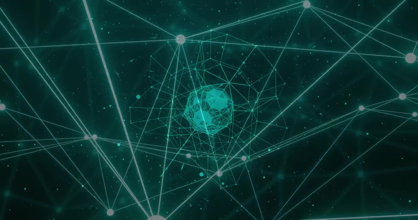 Animation of dots connected with lines over lines around rotating globe over abstract background