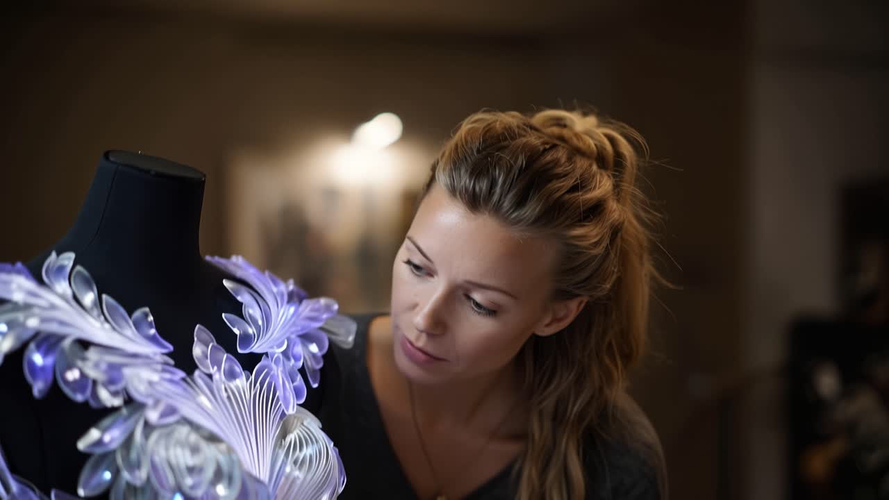 Woman examines delicate, glowing blue crystal adornment. Her gaze is focused, thoughtful, and curious. Soft lighting enhances the object's ethereal glow. Ideal for luxury, design