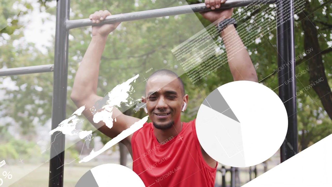 Man hanging on pullup bar in park, holding while animated charts sliding in displaying fitness data