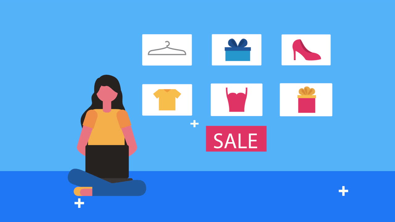 전자상거래 아이콘을 가진 젊은 여성