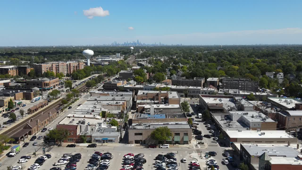 Aerial View of Suburban Town with Chicago Skyline in the Background