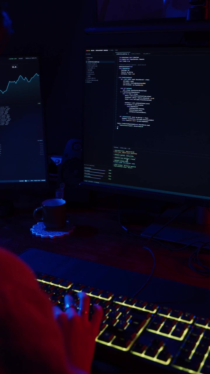 Sviluppatore software che programma al computer in un ufficio buio