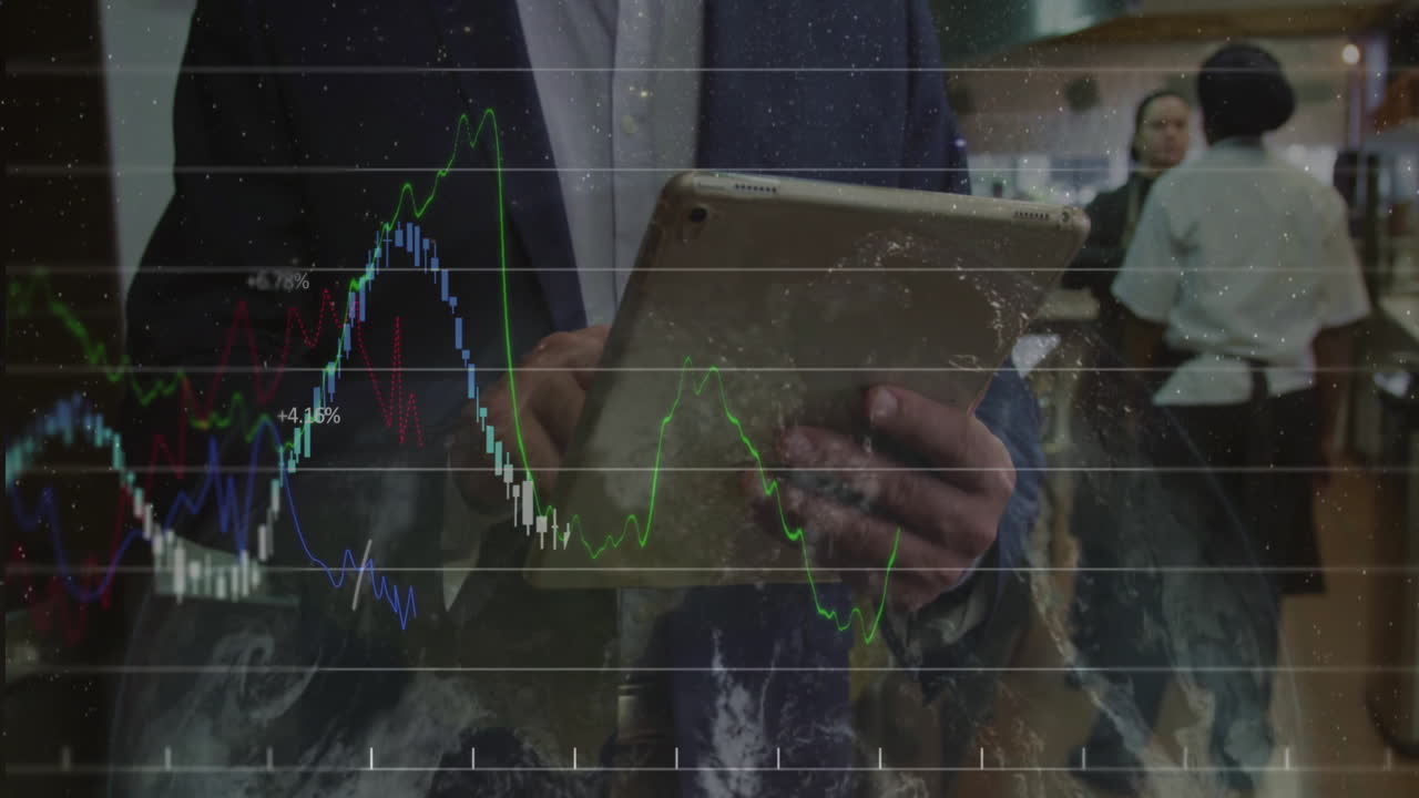 Professional tapping tablet in cafeteria, showing stock market charts with trend lines and +5