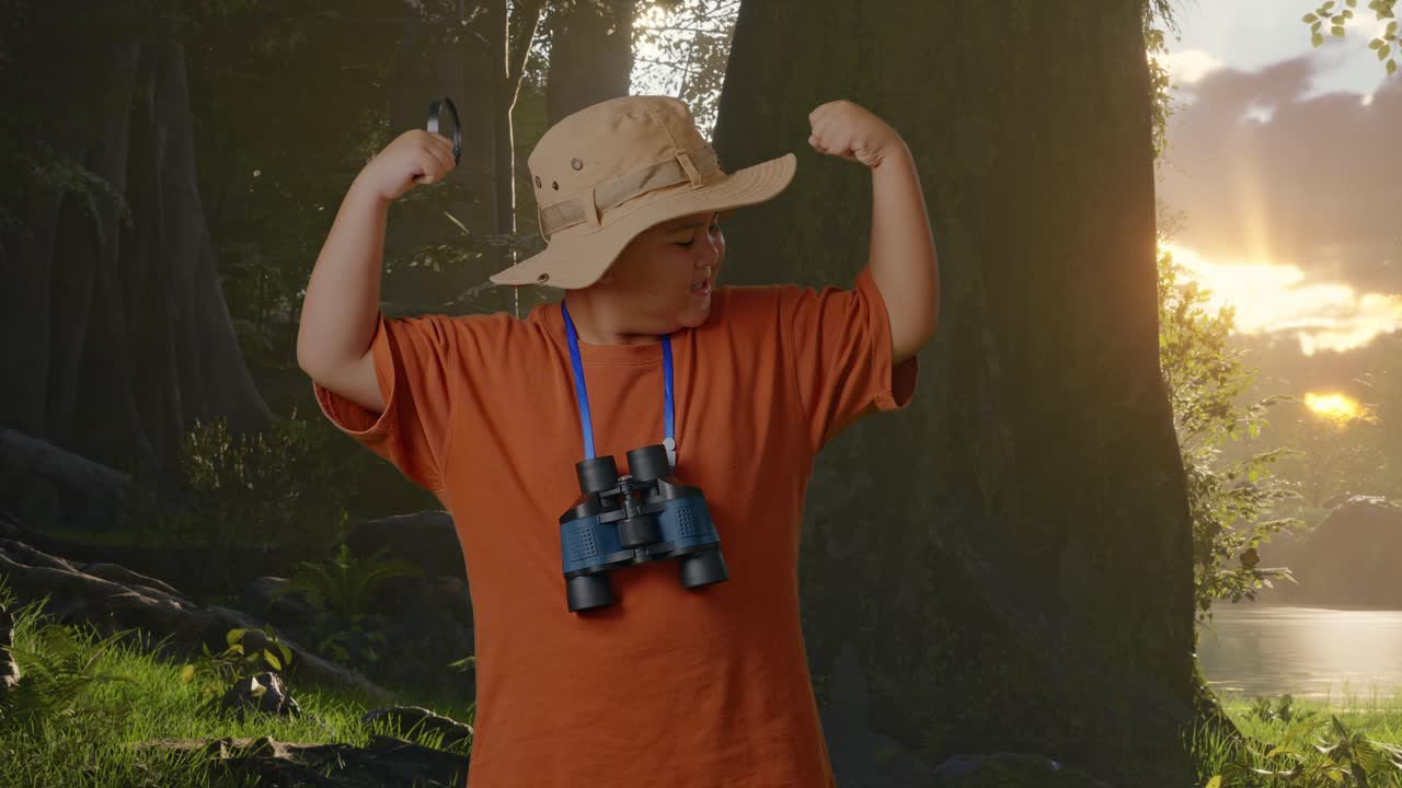 모자와 안경을 쓴 아시아 소년은 숲의 자연을 탐험하는 동안 안부를 구부리는 보기를 사용합니다. 소년 연구자는 여행, 관광, 모험 개념의 무언가를 조사합니다.