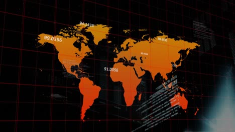 Animación-Del-Procesamiento-De-Datos-Y-Punto-De-Luz-Sobre-El-Mapa-Mundial-Sobre-Fondo-Negro