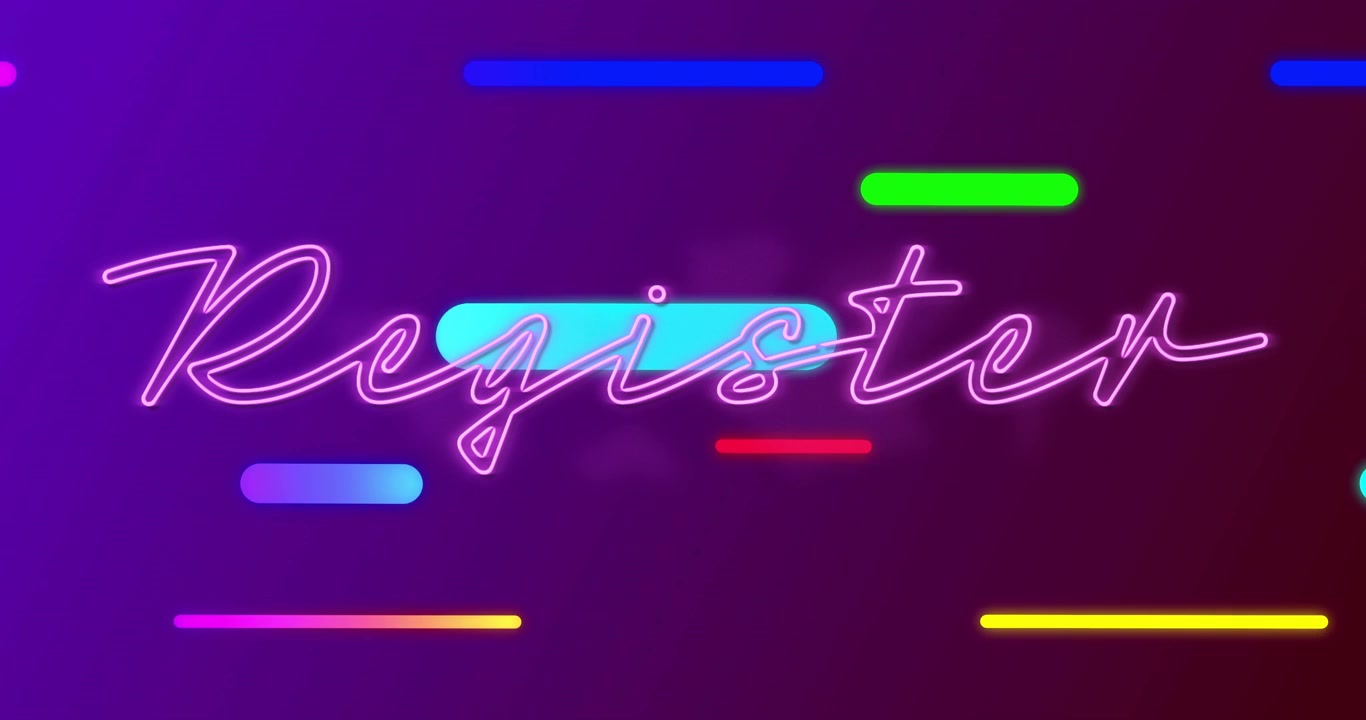 Neon Register brightening on purple gradient as colored pill bars sliding, highlighting marketing