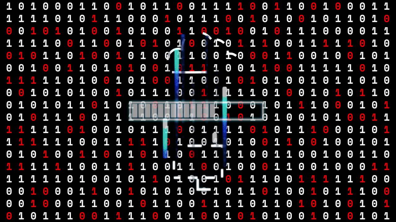 Binary code with digital lock and key animation over black background