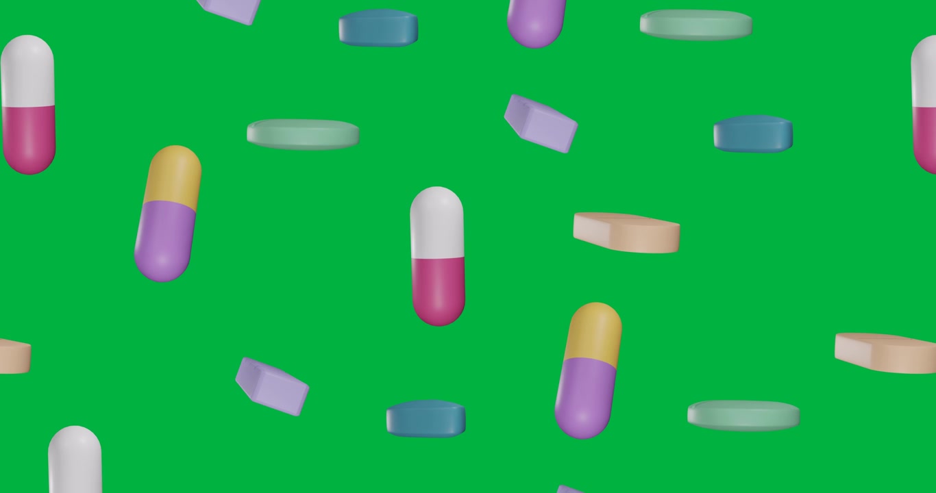 Animazione di pillole multicolori che si muovono su sfondo trasparente.