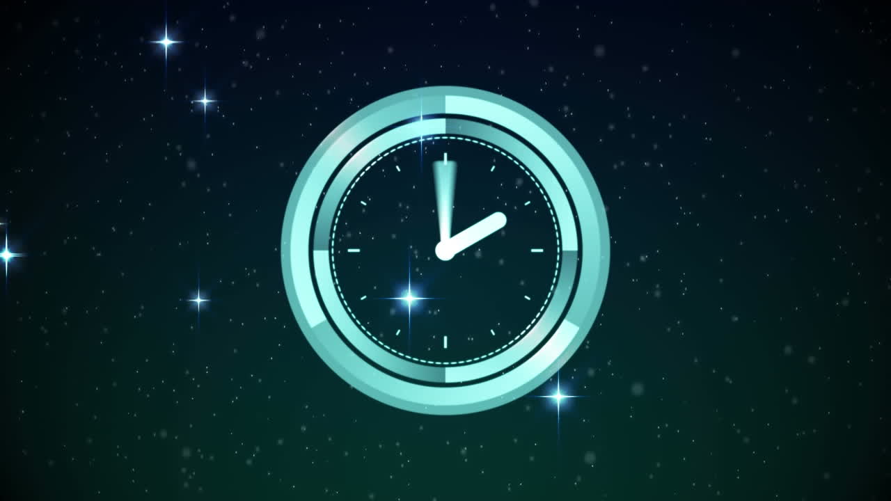 Animation of clock with moving hands over glowing stars on black background