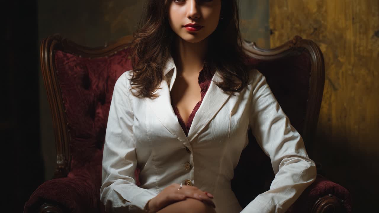 Ritratto accattivante di una donna sicura di sé in un blazer bianco, seduta con grazia su una sedia vintage, che emana eleganza e fascino in una stanza poco illuminata.