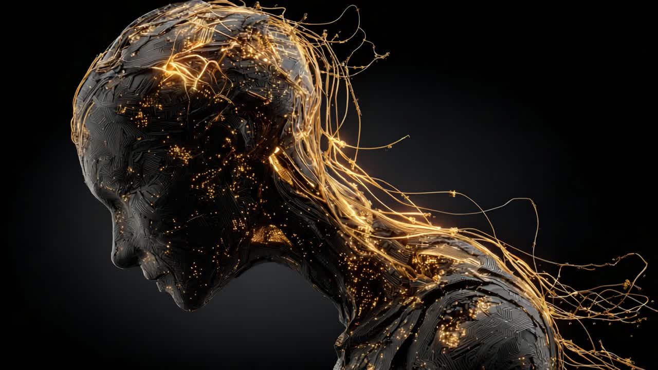 A Captivating Visual Journey Exploring the Nuances of a Figurative Sculpture, Merging Organic Forms with Ethereal Electronic Elements to Evoke Emotion and Reflection