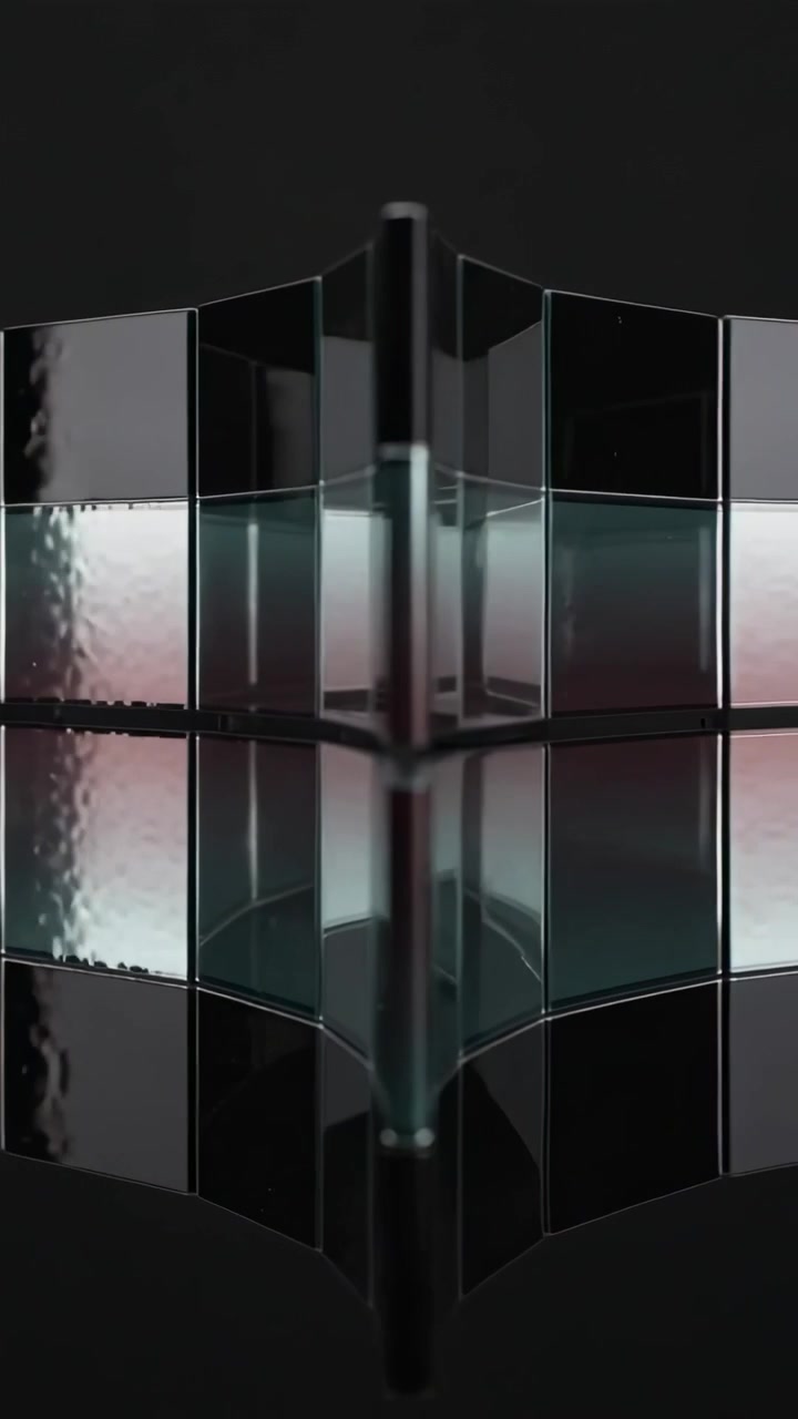Video verticale: V di vetro rotante sul pavimento dello studio, con una panoramica della telecamera che crea una banda verde acqua e pannelli ondulati.