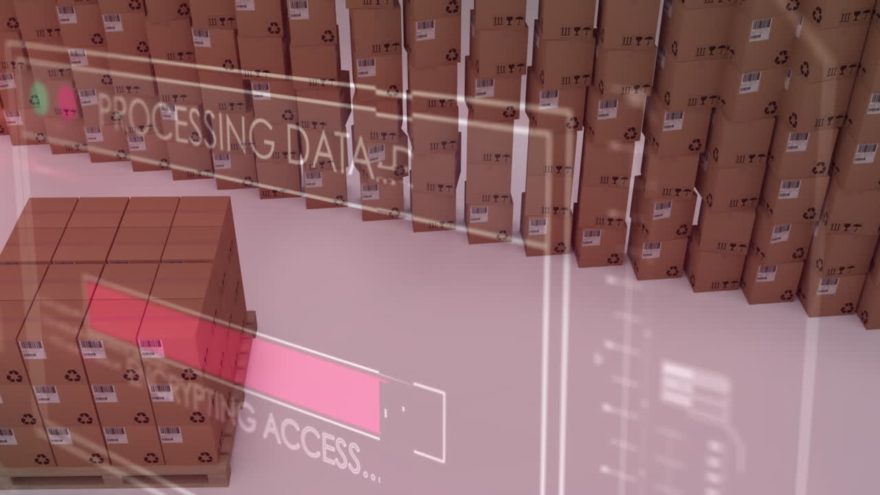 animación del procesamiento de datos sobre una pila de cajas de cartón
