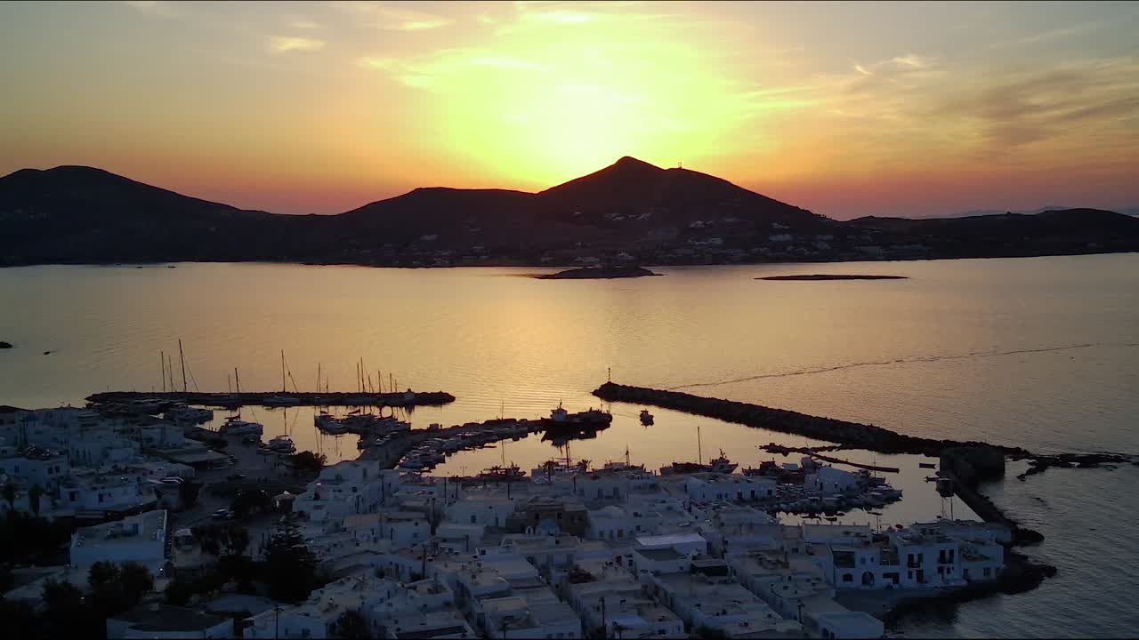 Aerial vision of Naousa Paros during Sunset