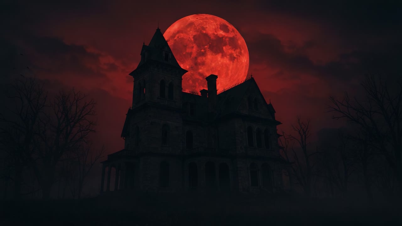 Una Casa Stregata Sagomata Contro una Luna Rosso Sangue Sotto un Cielo Cupo, Evocando un Senso di Mistero e un'Atmosfera Inquietante in un'Ambientazione Oscura.