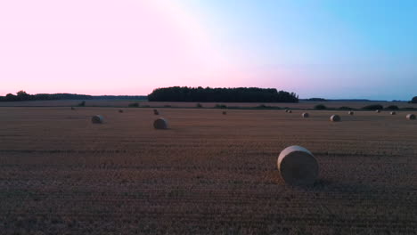 flying above the field with hay rolls sunrise
