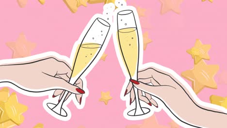 Animation-of-floating-golden-start-and-cartoon-hands-with-glasses-of-champagne-on-pink-background