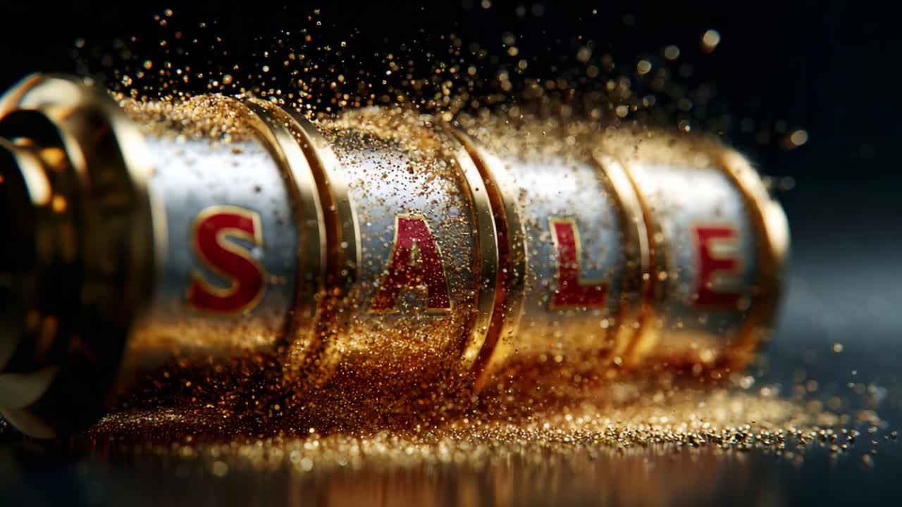 A stunning close-up of a glittering 'SALE' sign with shimmering gold particles cascading around it, highlighting the excitement of special offers and promotions for shoppers who love discounts