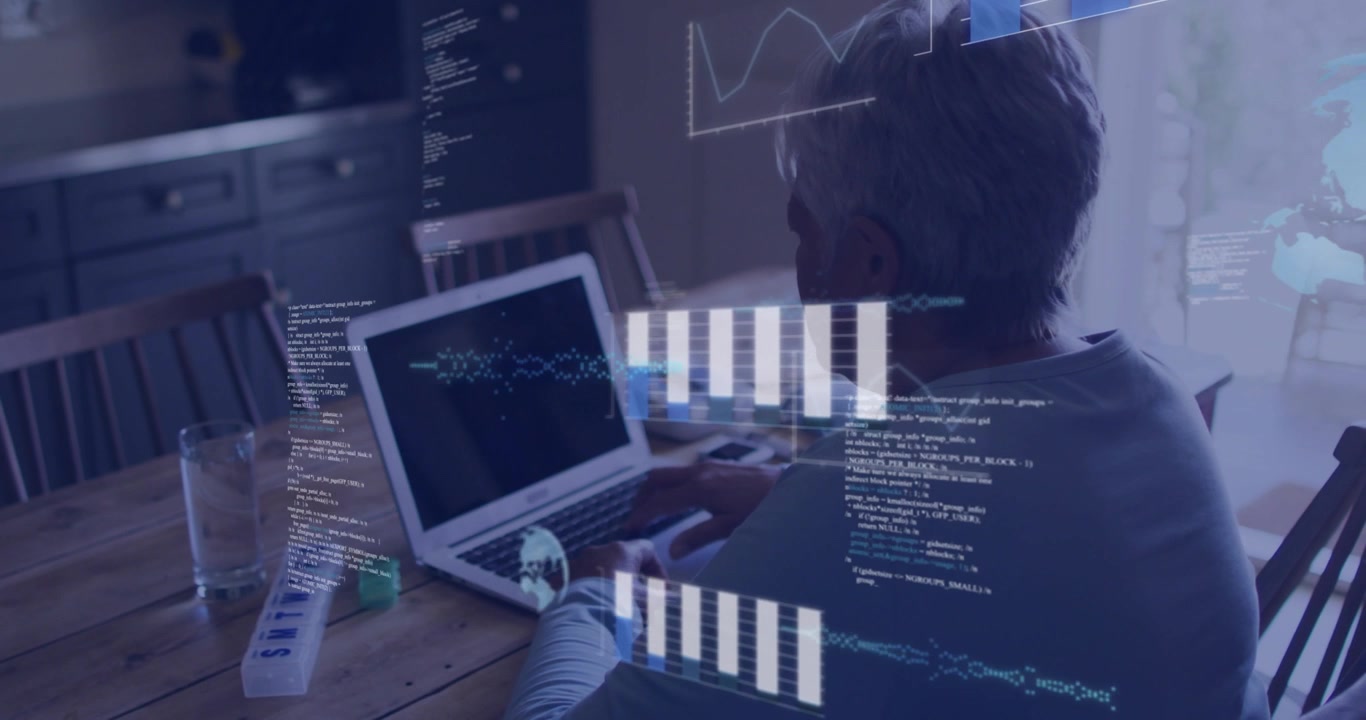 Senior woman typing on laptop at table, causing animated data charts and code for health tracking