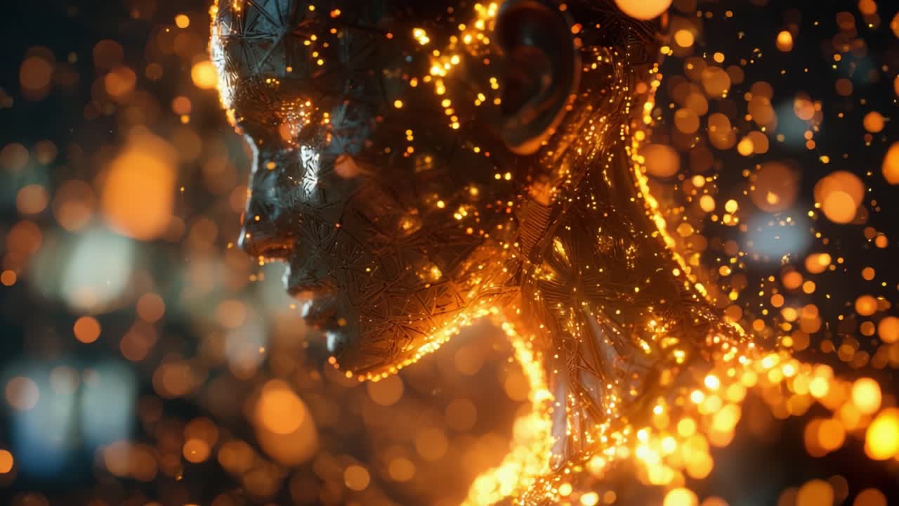 A Stunning Visualization of a Futuristic Figure Constructed from Glowing Particles, Showcasing the Intersection of Technology and Artistry in a Dynamic Setting