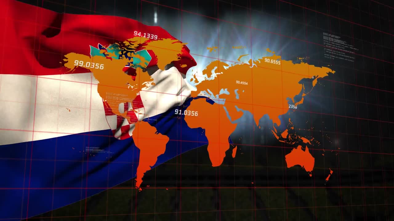 세계 지도와 크로아티아의 발을 통해 통계 및 금융 데이터 처리의 애니메이션