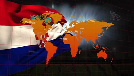 Animation-Von-Statistiken-Und-Finanzdatenverarbeitung-über-Weltkarte-Und-Flagge-Kroatiens