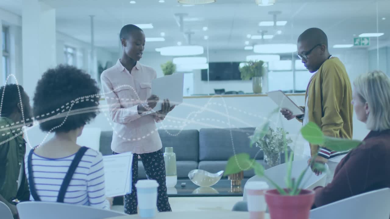 Animation of data processing over diverse business people in office