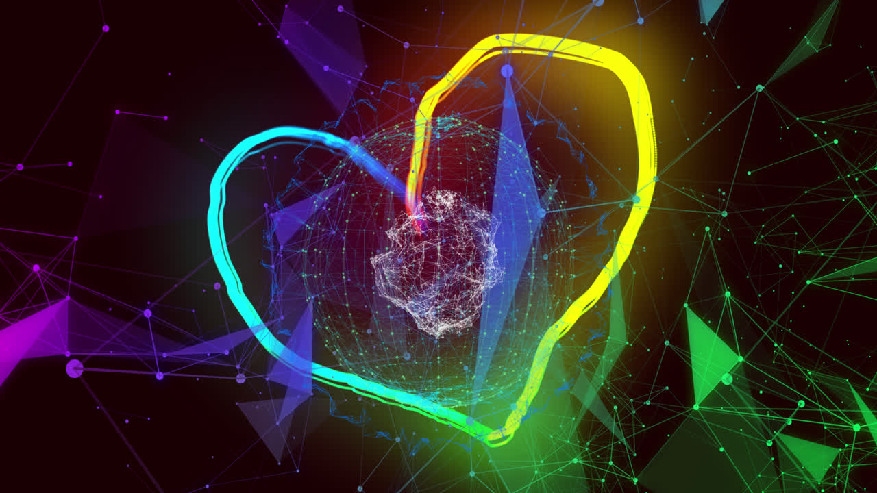 흑색 배경에 다채로운 모양을 가진 구형의 3d 구조를 돌리는 다채로운 심장 윤