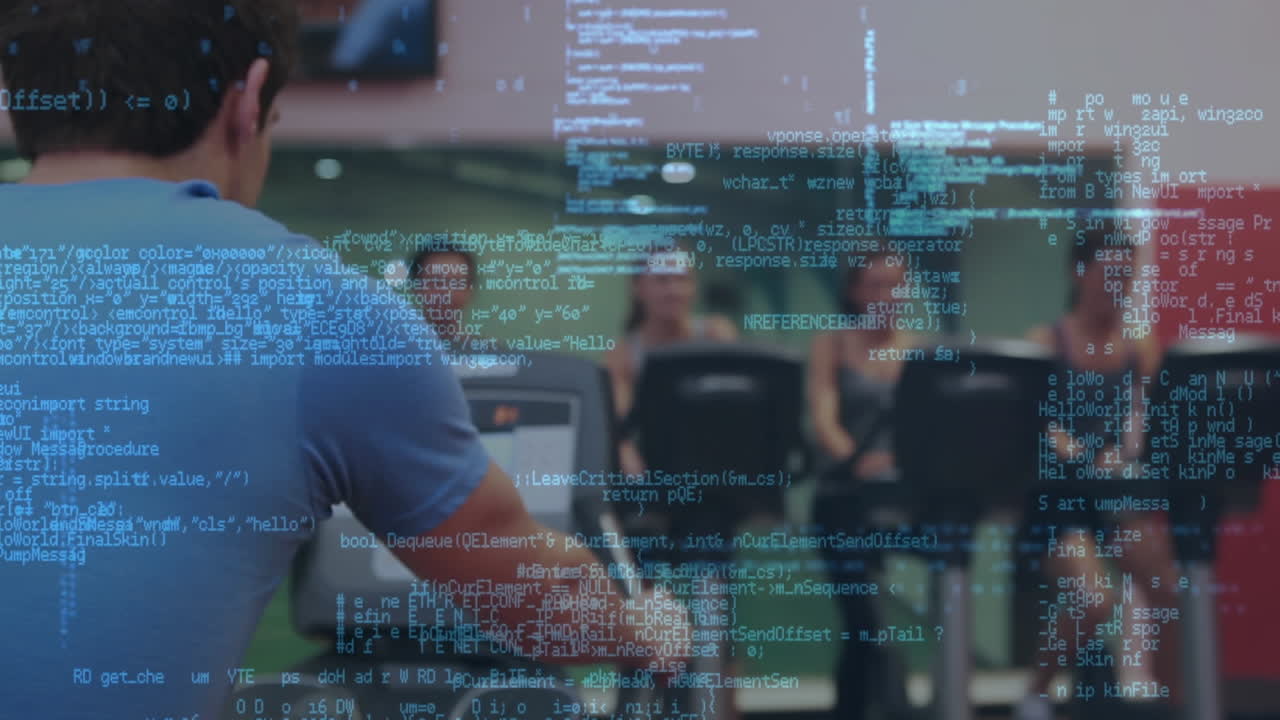 Animation of data processing over people exercising in gym
